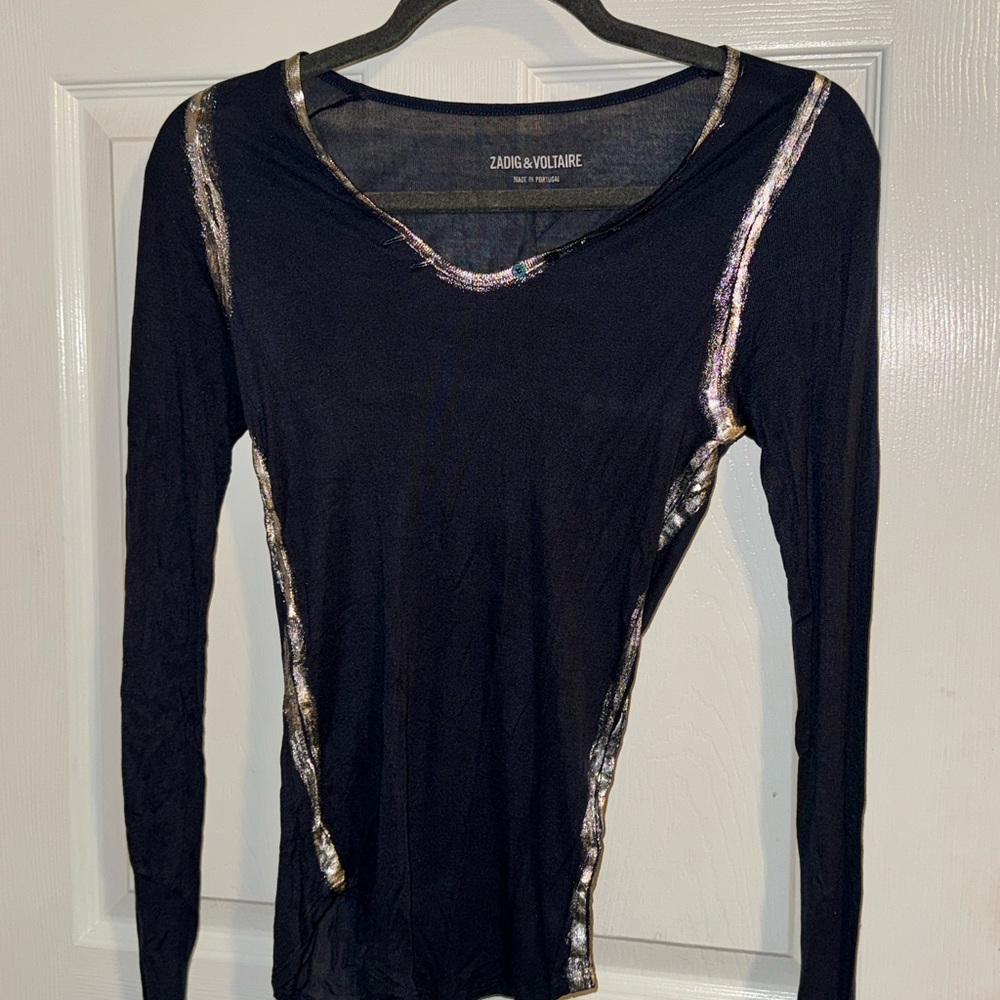 Zadig & Voltaire Black Long Sleeve Top with Metallic Trim